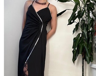 Vintage Black Gown Dress with Sequins for Dinner Date Valentine Events