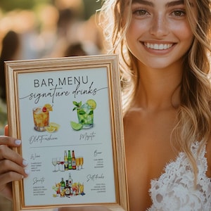 Chic boho bar menu template with signature drinks, Canva bar menu template, Modern wedding sign, Wedding bar menu, Wedding Bar sign template
