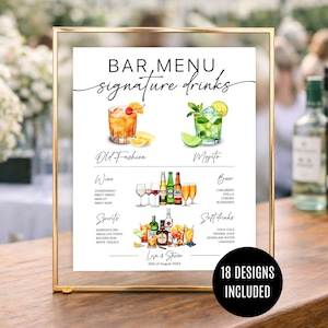 Szablon menu weselnego dla par. Nowoczesne, edytowalne menu weselne z podpisem na drinki i tabliczką na koktajle dla par.
