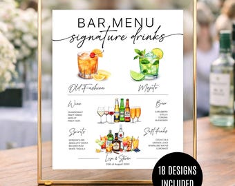 Wedding Bar Menu Template Modern Editable Wedding Couples Drink Menu Signature Drink Sign with Bar Menu Cocktail Sign for Couples