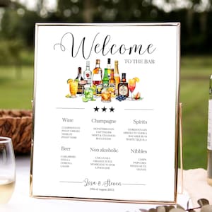 Bienvenido al cartel de bar Plantilla Menú de bar para bodas Canva Cartel de bar editable en Canva Cartel de bienvenida para bebidas Decoración para recepción de boda Cartel de lista de bebidas