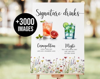 His and hers drink sign with wildflowers, Bar menu with flowers, Signature Drinks Sign, His and her signature drinks, + 3000 Drink images