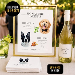 Könnte beinhalten: Ein goldgerahmtes Schild mit der Aufschrift Signature Drinks, das Illustrationen eines Golden Doodles und eines Border Collies mit Cocktailgrafiken, Namen und Zutaten zeigt. Darunter liegen bedruckte Servietten und eine Weinflasche mit Etikett.