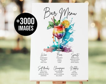 Wedding bar menu, wedding bar menu, bar menu poster, bar sign template,  watercolor cocktail menu, wedding drink sign  + 3000 Drink Images