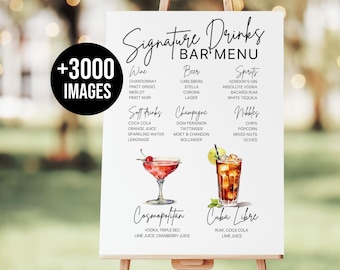 Signature Drink Sign, Bar Menu Template, Minimalist Printable Bar Menu, Modern Editable Cocktail Menu Template, + 3000 Drink Images Included