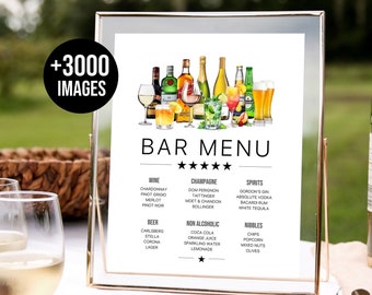 Bar Menu Template, Minimalist Printable Bar Menu, Modern Editable Drink Menu Template, Wedding Bar Menu Sign, + 3000 Drink Images Included