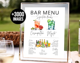 Signe de boissons signature, modèle de menu de bar, modèle de menu de boissons modifiable moderne, menu de bar imprimable minimaliste, +3000 images de boissons incluses