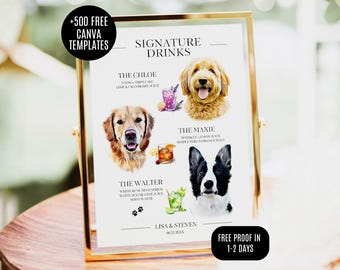 Plaque personnalisée pour boisson signature d'animal de compagnie, portrait de chien, plaque de menu de bar pour mariage avec chien, plaque de boisson pour cocktail, plaque de boisson de mariage pour les amoureux des animaux de compagnie