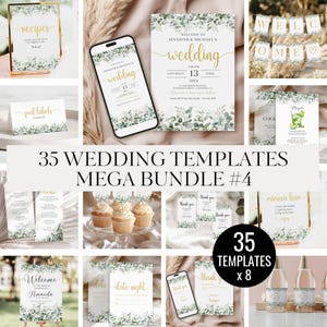 Eucalyptus Wedding Template Bundle: Invitations, Signs, Cards (Canva Editable)