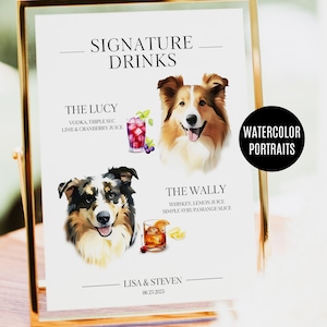 Plaque de boisson chien, menu personnalisé de bar pour animaux de compagnie pour mariage, plaque de cocktail personnalisée avec portrait d'animal de compagnie, décoration de réception imprimable, plaque d'animal de compagnie