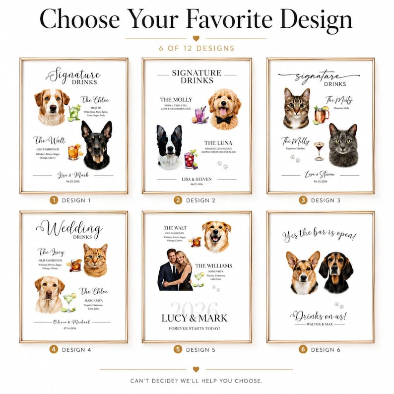 May include: Six framed wedding signature drink signs featuring illustrations of dogs and cats, cocktail graphics, and personalised text. Each sign displays pet portraits, drink names, ingredients, and couple names with dates, presented in a grid layout.