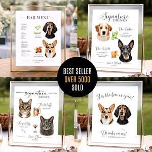 May include: Four framed wedding bar signs featuring watercolour illustrations of dogs and cats alongside cocktail names and ingredients. Each sign includes custom text such as Bar Menu, Signature Drinks, and Yes the bar is open with names.