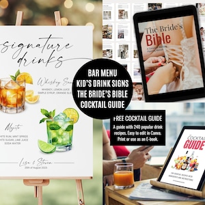 Create a single Signature Drink Signs and signature cocktail signs with this template. Or create Bar Menus for your wedding. This signature drink template includes over + 3000 watercolor cocktail and Drink Images