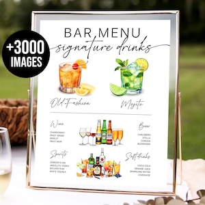 Barmenü-Vorlage, moderne bearbeitbare Getränkekarte-Vorlage, minimalistische druckbare Barkarte, Signature-Drinks-Schild, + 3000 Getränkebilder inklusive