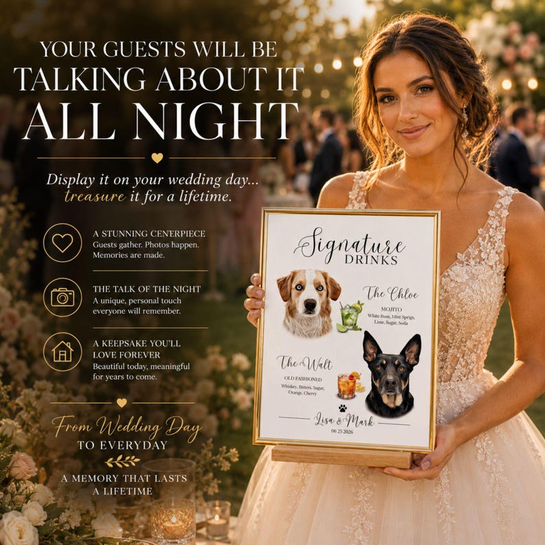 Custom Pet Signature Drink Sign Dog Portrait Bar Menu Wedding Bar Menu Sign with Dog Cocktail Drink Sign Wedding Drink Sign with 1-4 Pets image 4