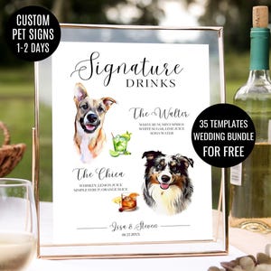 Menù bevande personalizzato per animali domestici, cartello bar con ritratto di cane o gatto per matrimonio, poster cocktail divertente, decorazioni per ricevimenti stampabili in digitale, bar per animali domestici