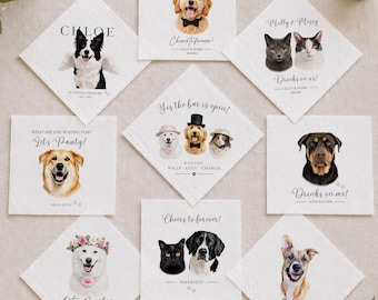 Pet Wedding Napkins Custom Dog Cocktail Napkins Personalized Pet Portrait Napkins 1-4 Pets Wedding Bar Decor Custom Pet Portrait Napkins