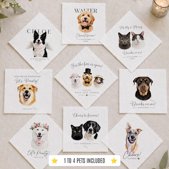 Pet Wedding Napkins Custom Dog Cocktail Napkins Personalized Pet Portrait Napkins 1-4 Pets Wedding Bar Decor Custom Pet Portrait Napkins