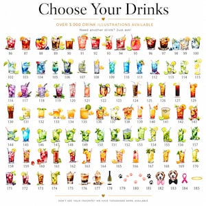 May include: A digital chart titled Choose Your Drinks featuring over 100 watercolour illustrations of various cocktails and beverages, each labelled with a unique number. The display includes diverse glassware, garnishes, and colours, plus paw prints and icons.