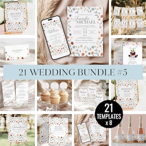 Wedding Bundle Templates, Modern Wildflower Bundle, Wedding Invitation, Save the date Invite, Welcome Signs, + Bridal Shower Signs and Cards