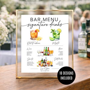 Plantilla de menú de bar para bodas Letrero de bebida de autor Canva editable Letrero de bebida de boda imprimible Menú de cócteles de autor Decoración de bar para bodas