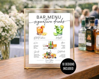 Plantilla de menú de bar para bodas Letrero de bebida de autor Canva editable Letrero de bebida de boda imprimible Menú de cócteles de autor Decoración de bar para bodas