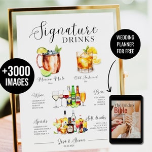 Modèle de menu de bar moderne Signature boissons signe Menu de bar imprimable minimaliste Modèle de menu de boisson moderne modifiable + 3000 images de boissons WT85