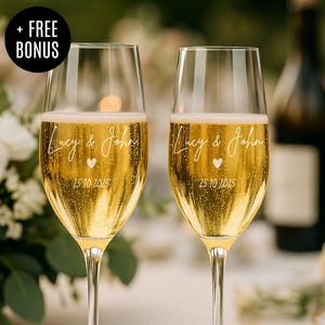 Engraved Champagne Glass, Personalized Wedding Glass, Bride and Groom Champagne Flute, Bridesmaid Glass Anniversary Engagement
