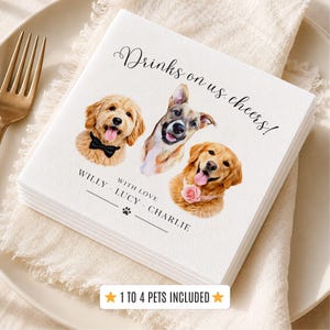 Pet Wedding Napkins Custom Dog Cocktail Napkins Personalized Pet Portrait Napkins 1-4 Pets Wedding Bar Decor Custom Pet Portrait Napkins afbeelding 5