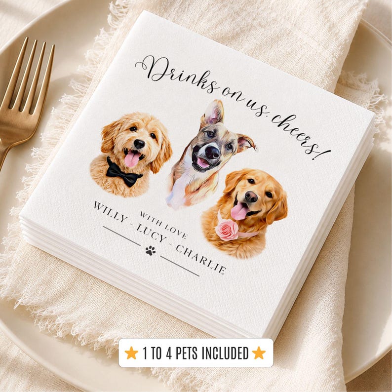 Pet Wedding Napkins Custom Dog Cocktail Napkins Personalized Pet Portrait Napkins 1-4 Pets Wedding Bar Decor Custom Pet Portrait Napkins afbeelding 5