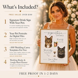 May include: A framed wedding sign featuring the text Signature Drinks, illustrations of two cats named The Misty and The Milly, and two cocktails. The sign includes the names Lisa & Steven and the date 06 25 2026, alongside a list of included items.