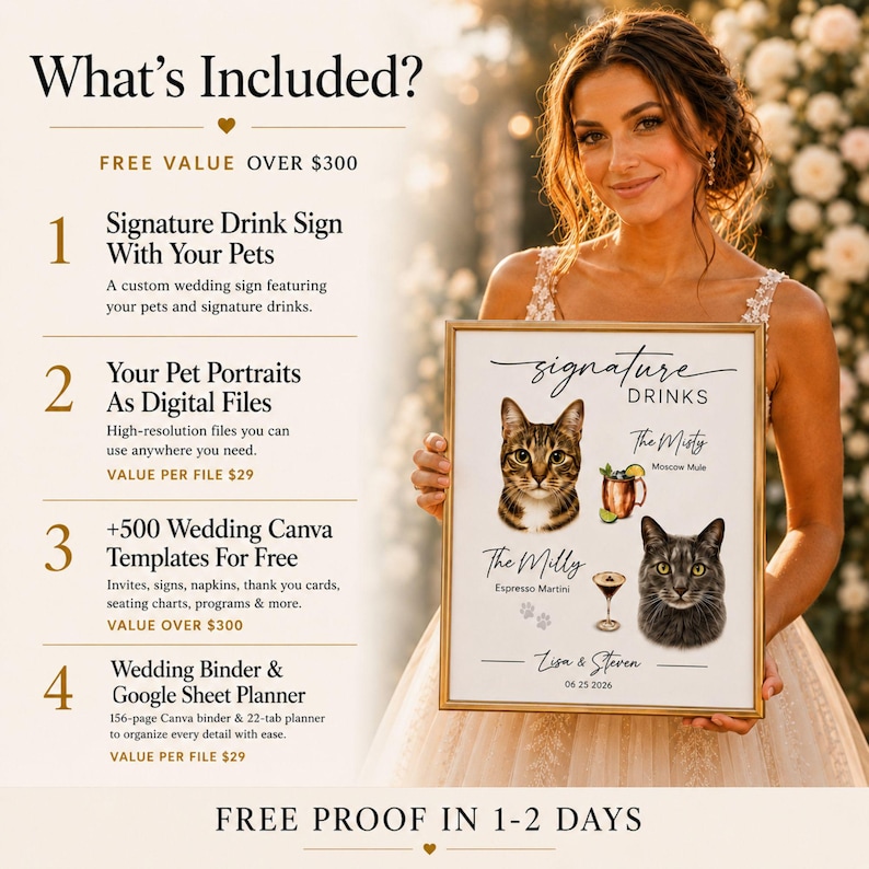 May include: A framed wedding sign featuring the text Signature Drinks, illustrations of two cats named The Misty and The Milly, and two cocktails. The sign includes the names Lisa & Steven and the date 06 25 2026, alongside a list of included items.
