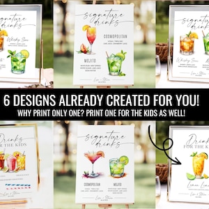 Create a single Signature Drink Signs and signature cocktail signs with this template. Or create Bar Menus for your wedding. This signature drink template includes over + 3000 watercolor cocktail and Drink Images