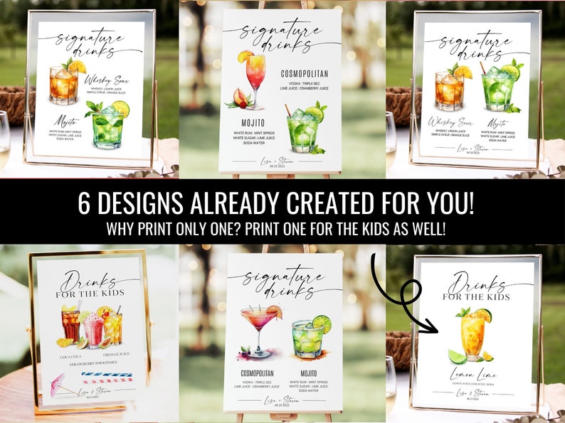 Create a single Signature Drink Signs and signature cocktail signs with this template. Or create Bar Menus for your wedding. This signature drink template includes over + 3000 watercolor cocktail and Drink Images