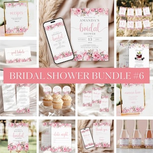 Bridal Shower Bundle - Rose Bridal Shower Template Set, 20+ Printable Cards & Signs, Floral Designs with Pink Roses Decor