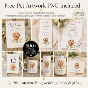 Op de afbeelding: Een collectie trouwstationery en cadeau-sjablonen met een golden retriever-illustratie en bloemaccenten. Bevat een welkomstbord, menu, uitnodiging, tafelnummerkaart, keramische mok, beker, blikjeskoeler en naamkaartje.