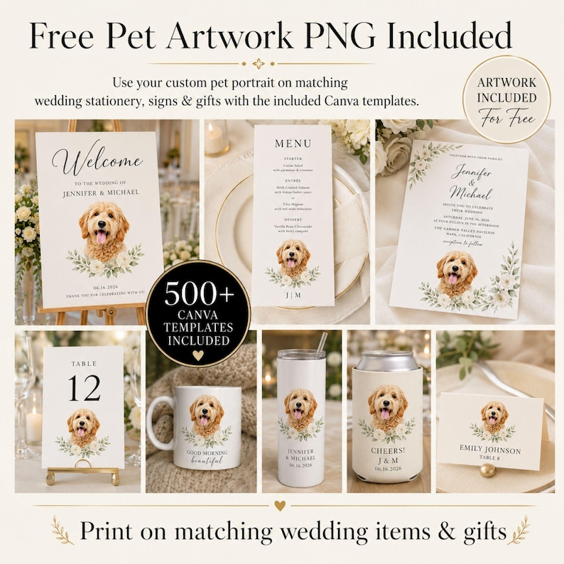 Op de afbeelding: Een collectie trouwstationery en cadeau-sjablonen met een golden retriever-illustratie en bloemaccenten. Bevat een welkomstbord, menu, uitnodiging, tafelnummerkaart, keramische mok, beker, blikjeskoeler en naamkaartje.