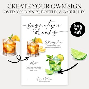 Create a single Signature Drink Signs and signature cocktail signs with this template. Or create Bar Menus for your wedding. This signature drink template includes over + 3000 watercolor cocktail and Drink Images