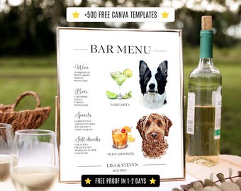 May include: A gold-framed bar menu with a list of drinks, including wine, beer, spirits, and soft drinks. The menu features illustrations of a margarita, an old fashioned, and two dog portraits. A bottle of wine is on the right.