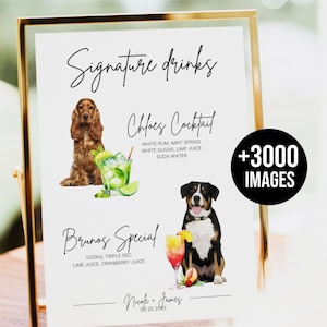 Signature Drinks Sign and Bar Menu Template with your pet. Dog signature drink and bar menu template, + 3000 Drink Images Included