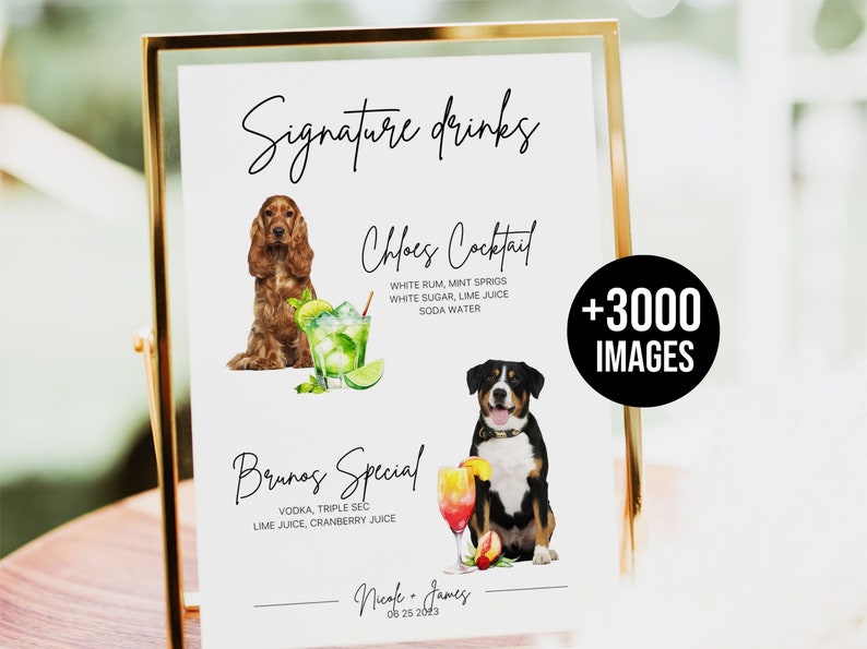 Signature Drinks Sign and Bar Menu Template with your pet. Dog signature drink and bar menu template, + 3000 Drink Images Included