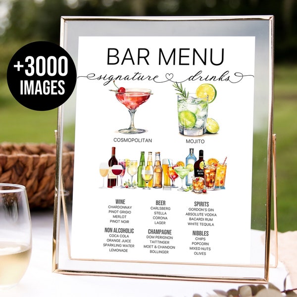 Bar Menu Template Modern Editable Drink Menu Template Minimalist Printable Bar Menu, Signature Drinks Sign + 3000 Drink Images Included