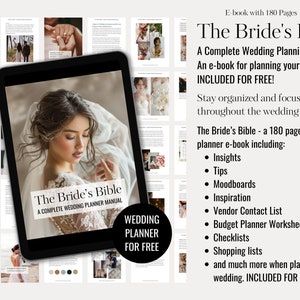 The Brides bible - a wedding planning e-book including insights, tips, moodboards, inspiration, shopping lists, checklists, vendor contact lists, budget planner worksheets and a lot more when planning your wedding. Included for free!