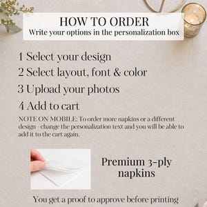 Op de afbeelding: Een instructieafbeelding voor het bestellen van gepersonaliseerde servetten. De tekst luidt: HOW TO ORDER, Write your options in the personalization box, 1 Select your design, 2 Select layout, font & color, 3 Upload your photos, 4 Add to cart, Premium 3-ply napkins.