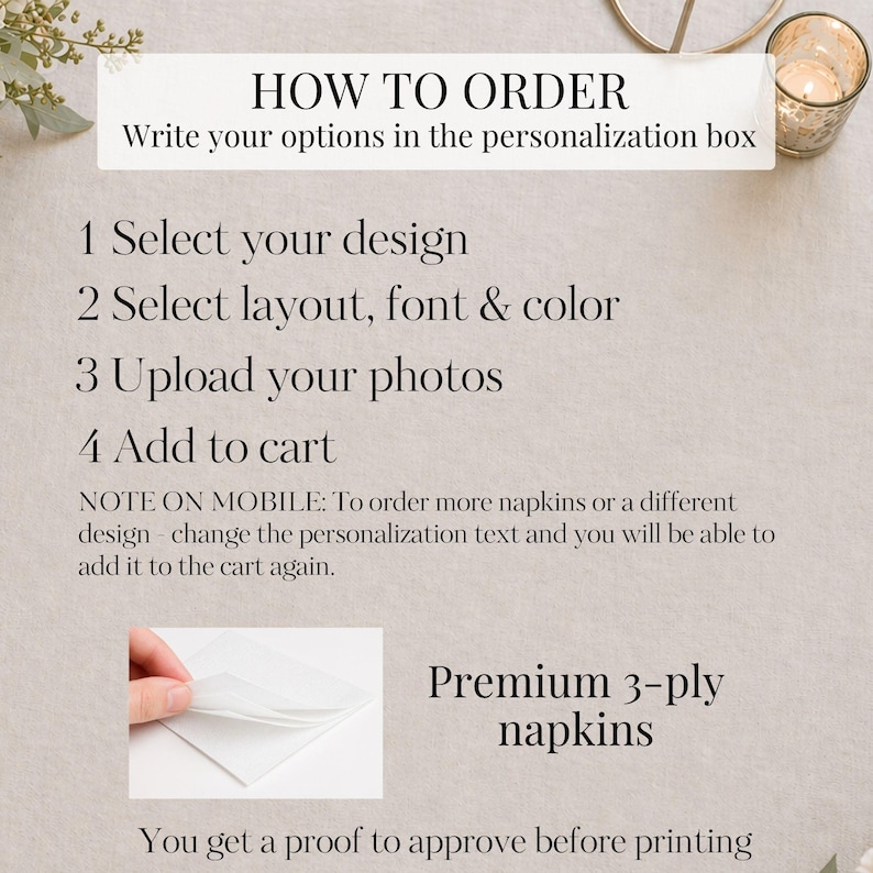 Op de afbeelding: Een instructieafbeelding voor het bestellen van gepersonaliseerde servetten. De tekst luidt: HOW TO ORDER, Write your options in the personalization box, 1 Select your design, 2 Select layout, font & color, 3 Upload your photos, 4 Add to cart, Premium 3-ply napkins.