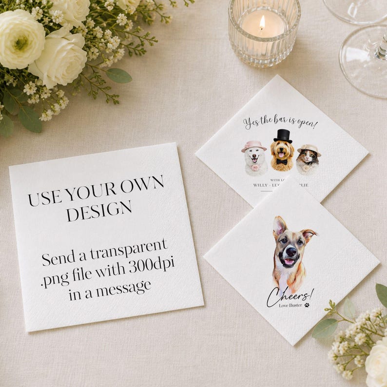 Pet Wedding Napkins Custom Dog Cocktail Napkins Personalized Pet Portrait Napkins 1-4 Pets Wedding Bar Decor Custom Pet Portrait Napkins afbeelding 20