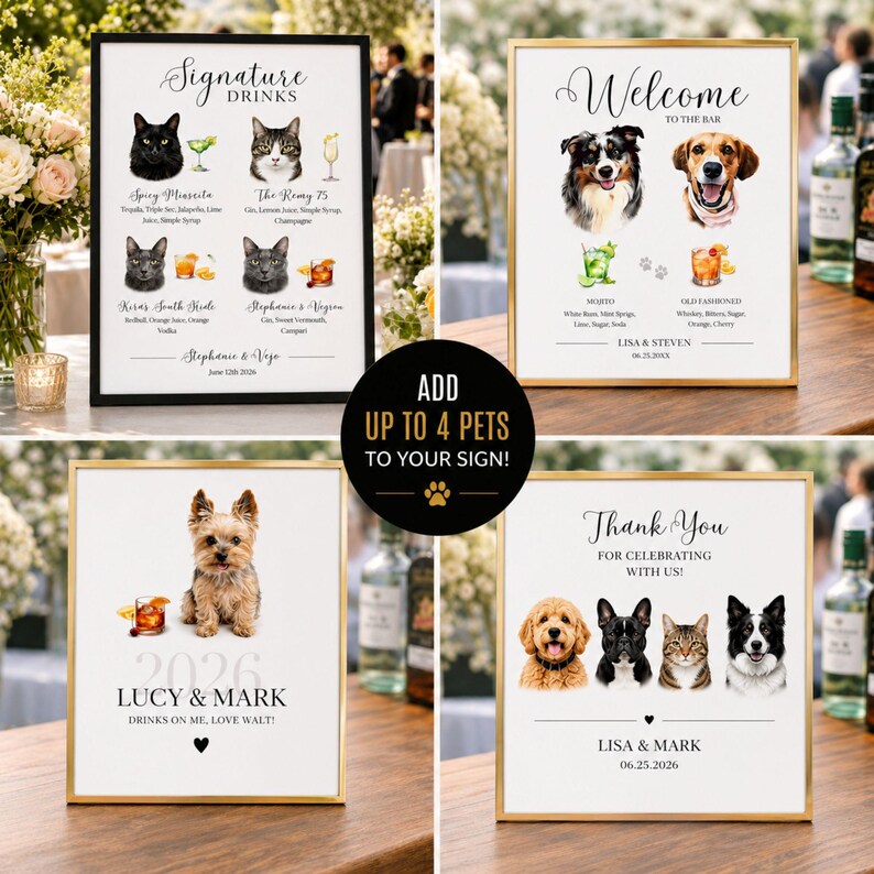 Custom Pet Signature Drink Sign Dog Portrait Bar Menu Wedding Bar Menu Sign with Dog Cocktail Drink Sign Wedding Drink Sign with 1-4 Pets image 16