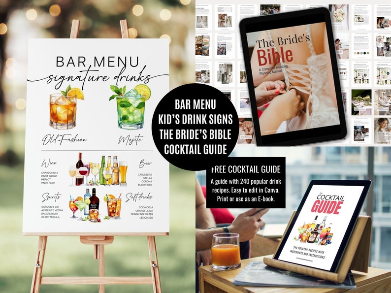 Bar Menu Template, Modern Editable Drink Menu Template, Minimalist Printable Bar Menu, Signature Drinks Sign, + 3000 Drink Images Included