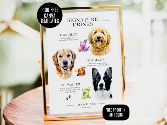 Custom Pet Signature Drink Sign Dog Portrait Bar Menu Wedding Bar Menu Sign with Dog Cocktail Drink Sign Wedding Drink Sign for Pet Lovers