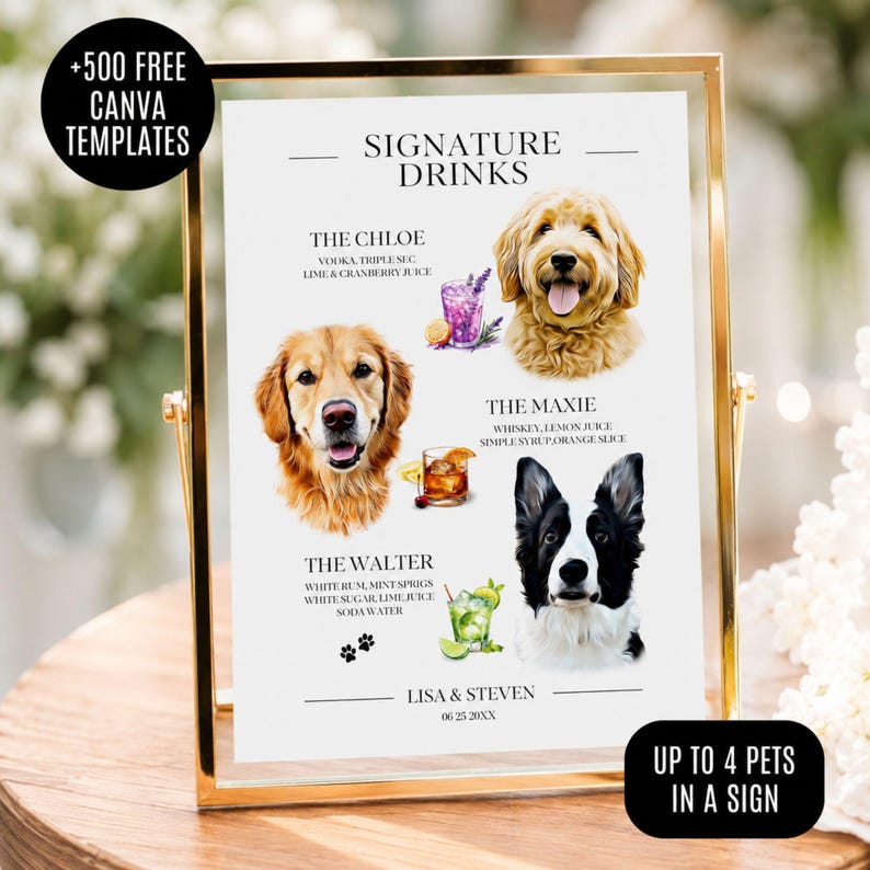 Custom Pet Signature Drink Sign Dog Portrait Bar Menu Wedding Bar Menu Sign with Dog Cocktail Drink Sign Wedding Drink Sign with 1-4 Pets image 1